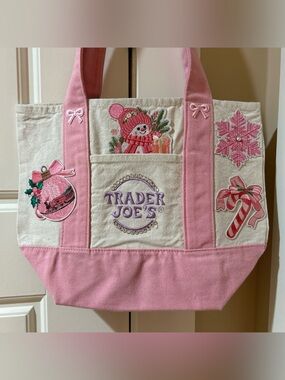 Upcycled Trader Joe's Pink & Cream Holiday Tote Bag